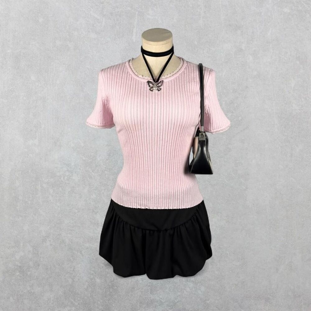 Baby Pink Lace Trim Ribbed Knit Cotton Blend Short Sleeve Coquette Top